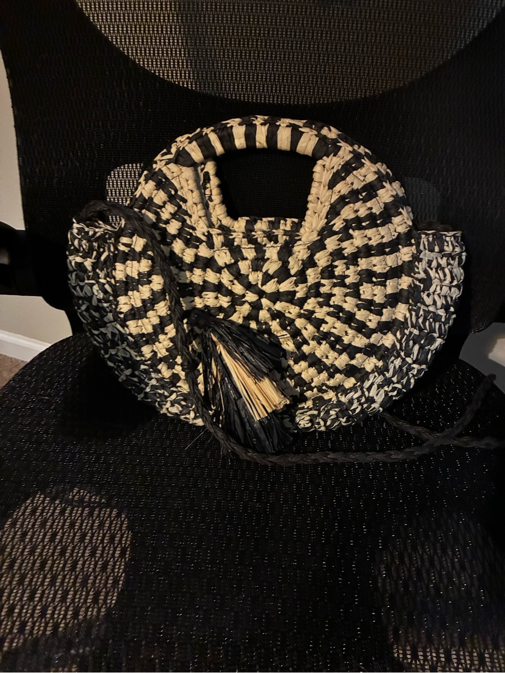 Lucky Brand Black & Cream Woven Round Shoulder Bag with Tassel